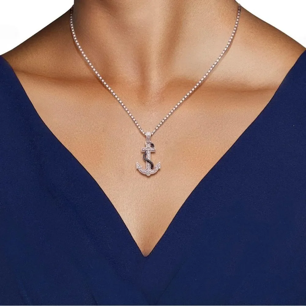 1/10 CTTW Diamond Anchor Pendant 14K White Gold